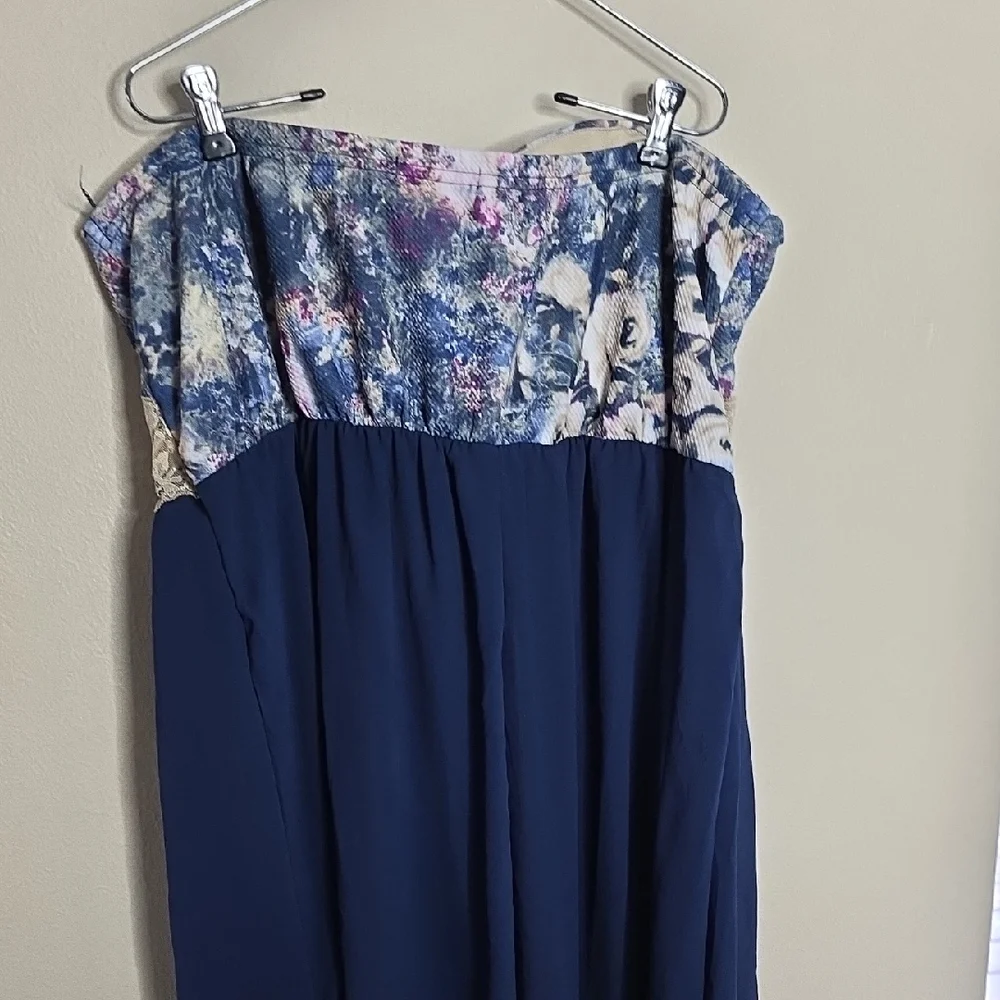 New Look Strapless Hi-Low Floral Lace Trim Dress Blue 3X Plus Size Boho Flowy